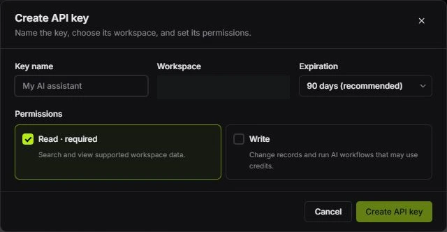 Create API key dialog