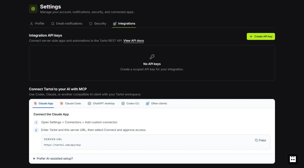 MCP server URL in Settings