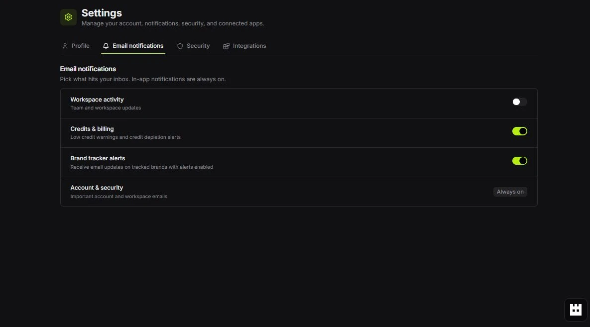 Settings Email notifications tab