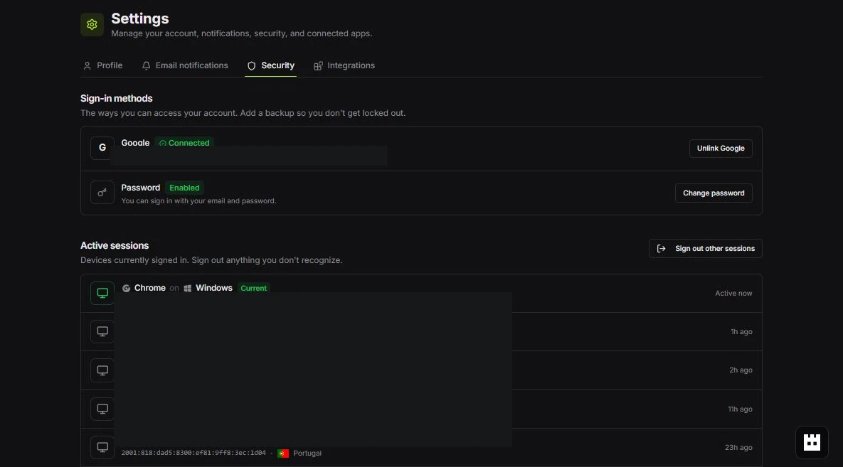 Settings Security tab