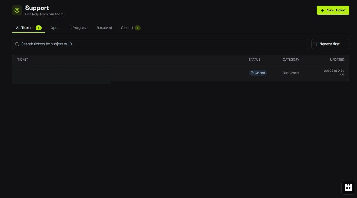 Support page with New Ticket