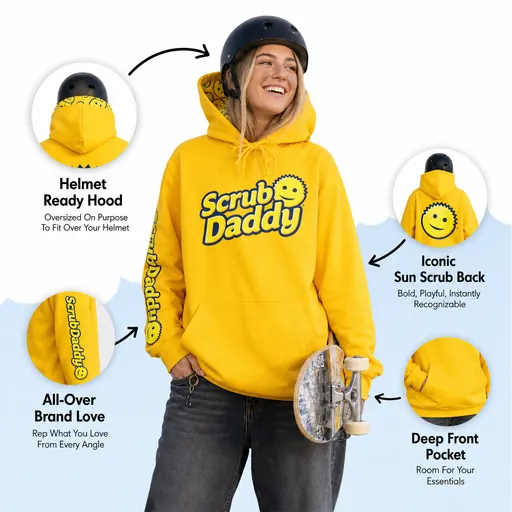 Hoodie ad with labelled product features